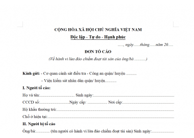 Mẫu đơn tố cáo hành vi lừa đảo chiếm đoạt tài sản